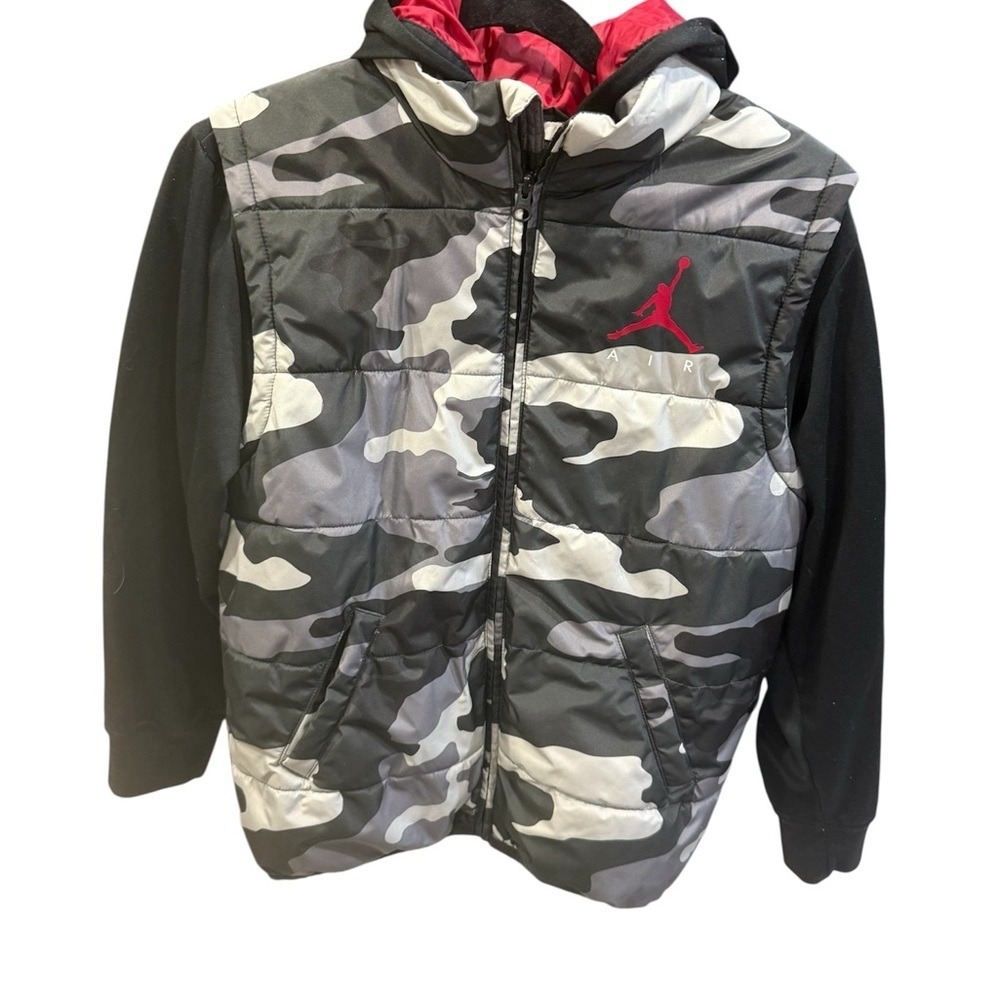 Jordan Hybrid Puffer Jacket Boys L Grey Camo Excellent Hooded Zip Jumpman Logo